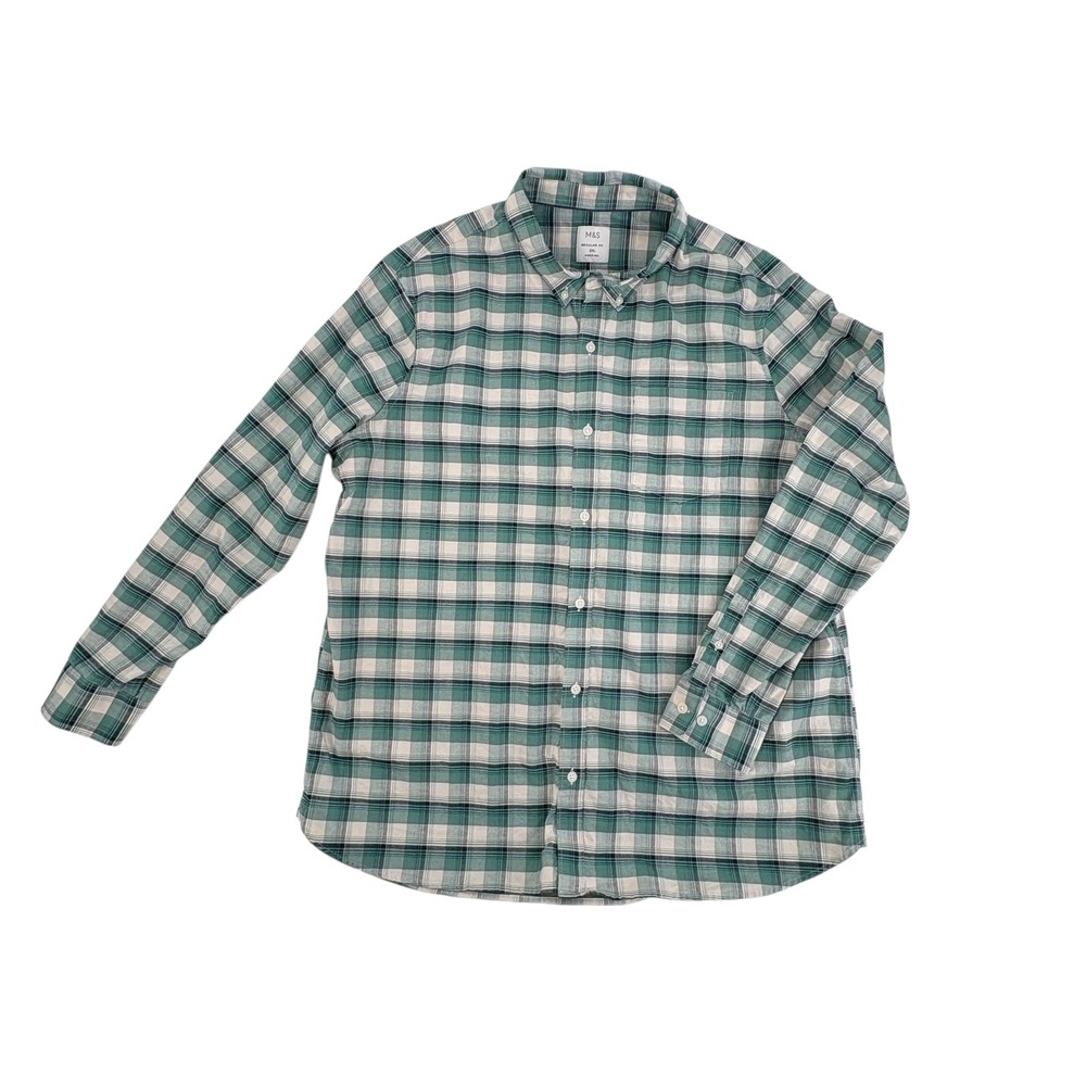 M&S Mens Plaid Button Down Shirt Green White Regular Fit Casual Size 2XL